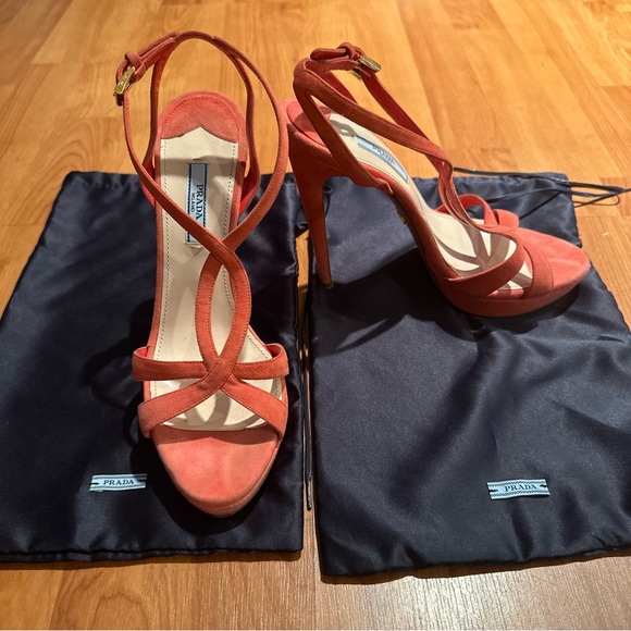 Prada Red Coral Suede Stiletto Strappy Heels - Picture 1 of 8